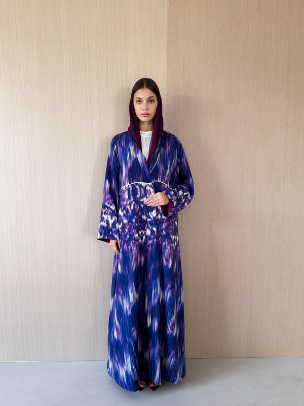 V Neck Abaya - Purple Mixed Print - Silk