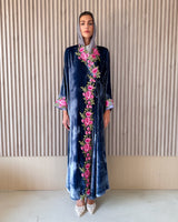V Neck Overlap Abaya - Pink With Green Flower Lace on Front