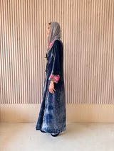 V Neck Overlap Abaya - Pink With Green Flower Lace on Front