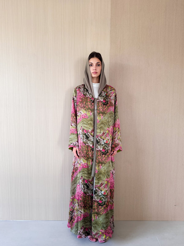 V neck abaya with tie ropes on front in mixed color Italian pure silk
