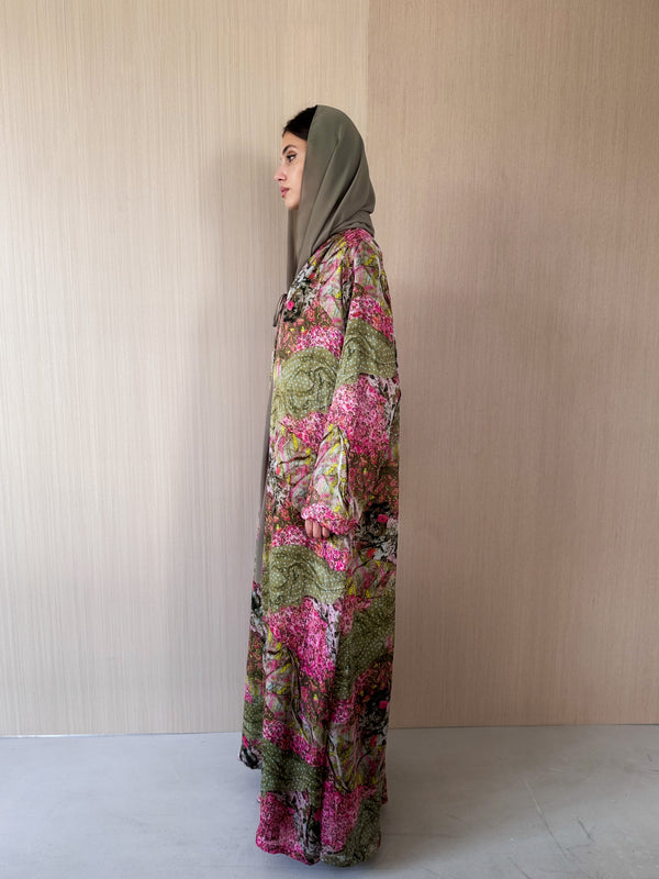 V neck abaya with tie ropes on front in mixed color Italian pure silk