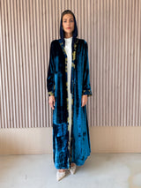 V Neck Abaya - Blue With Olive Green Embossed Velvet