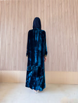 V Neck Abaya - Blue With Olive Green Embossed Velvet