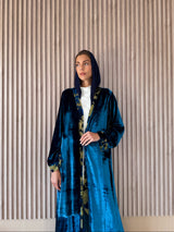 V Neck Abaya - Blue With Olive Green Embossed Velvet