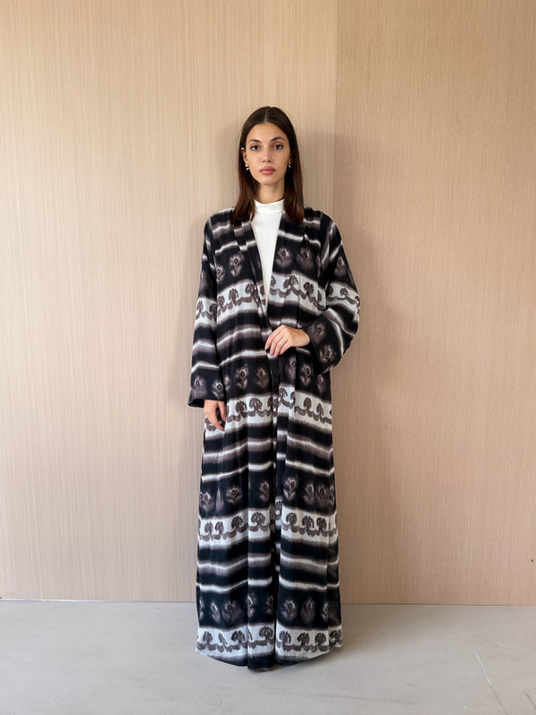Zainah Cut Abaya With Dark Grey Black Wave Flower Printed