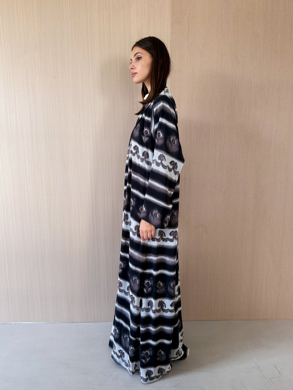 Zainah Cut Abaya With Dark Grey Black Wave Flower Printed
