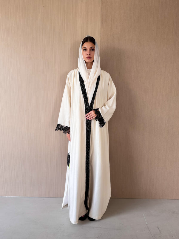 V neck abaya with black dentil lace on front sleeve