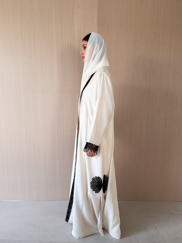 V neck abaya with black dentil lace on front sleeve