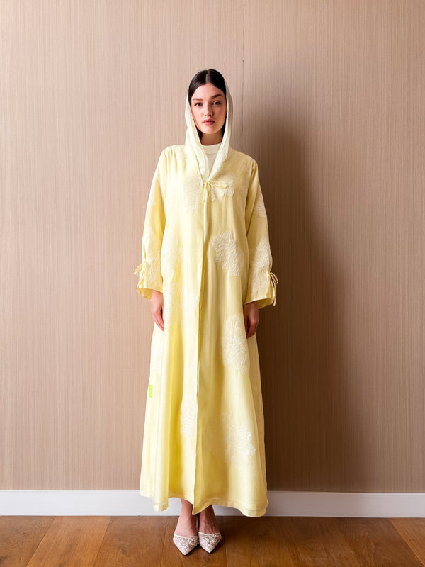 V  Neck Abaya Patch Flower Lace on Front and Sleeves