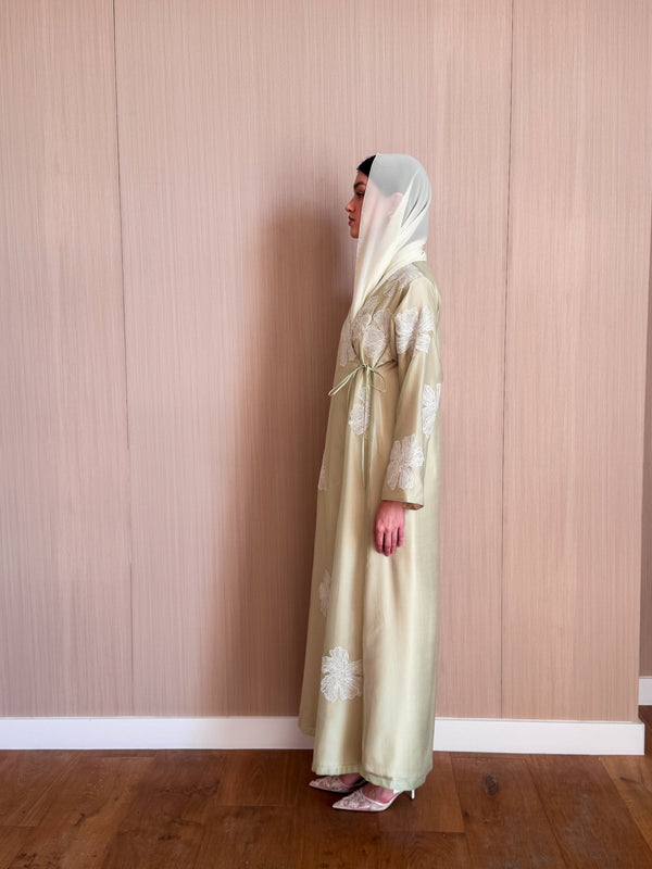 V Neck Over Wrapped Side Abaya - Crochet Patch Flower on Front and Sleeves