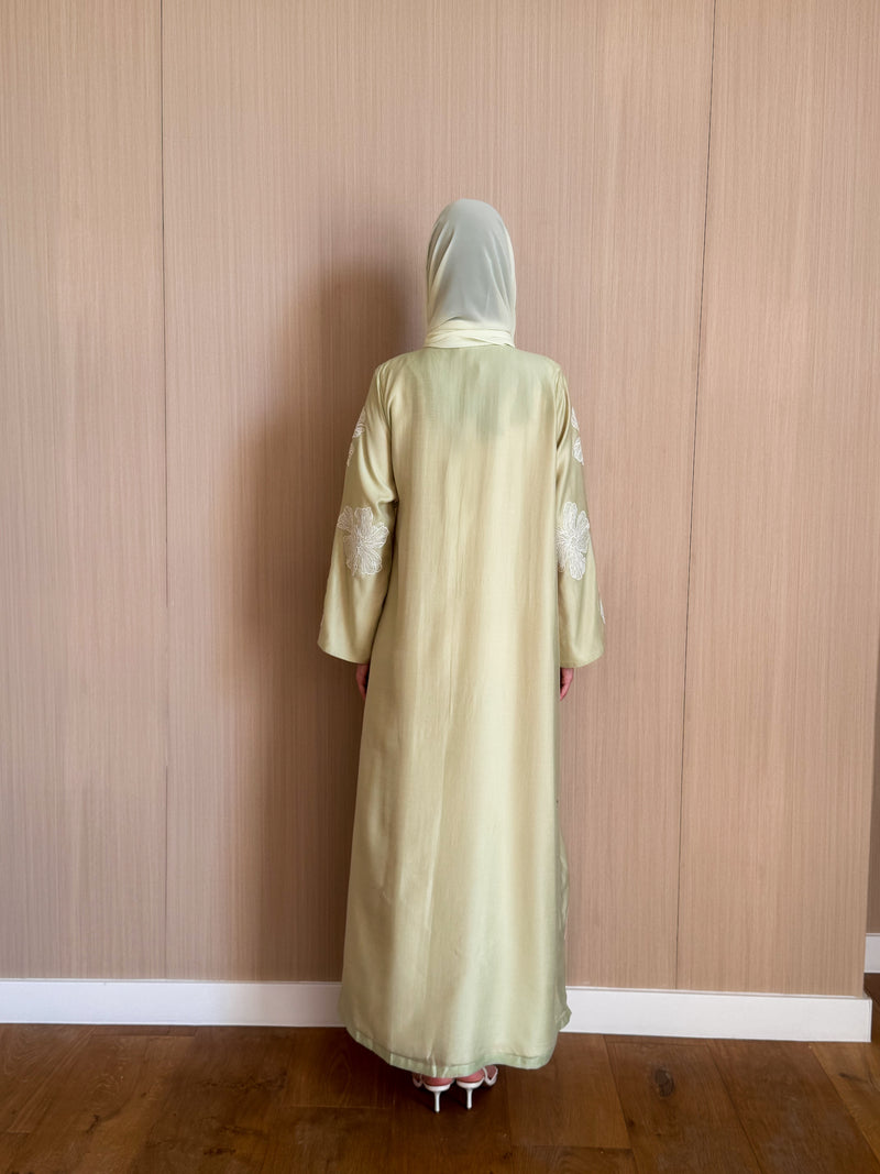 V Neck Over Wrapped Side Abaya - Crochet Patch Flower on Front and Sleeves