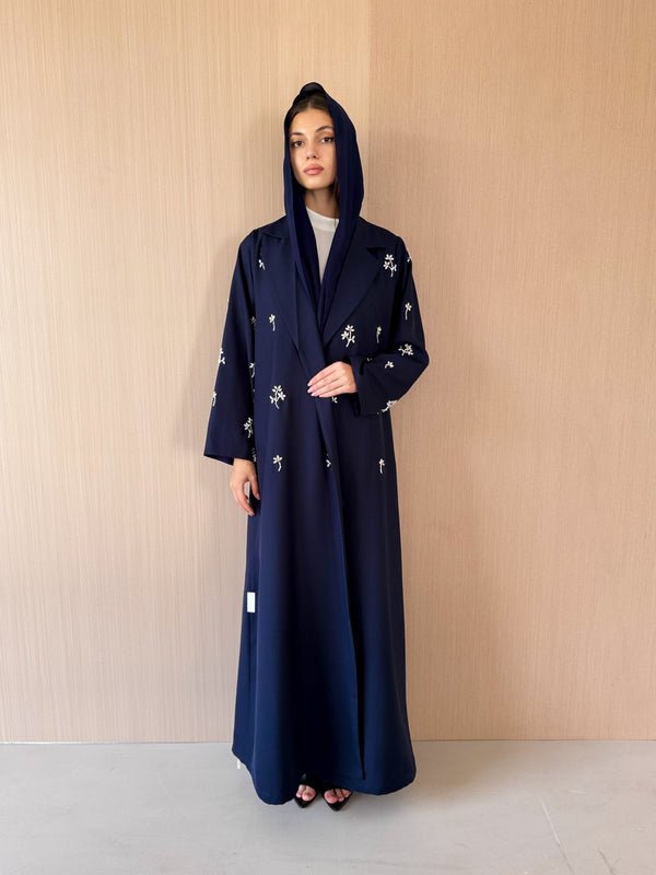 Notched collar Abaya With Emb. works on Half Front & Sleeves