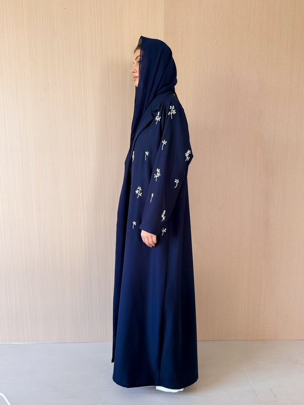 Notched collar Abaya With Emb. works on Half Front & Sleeves