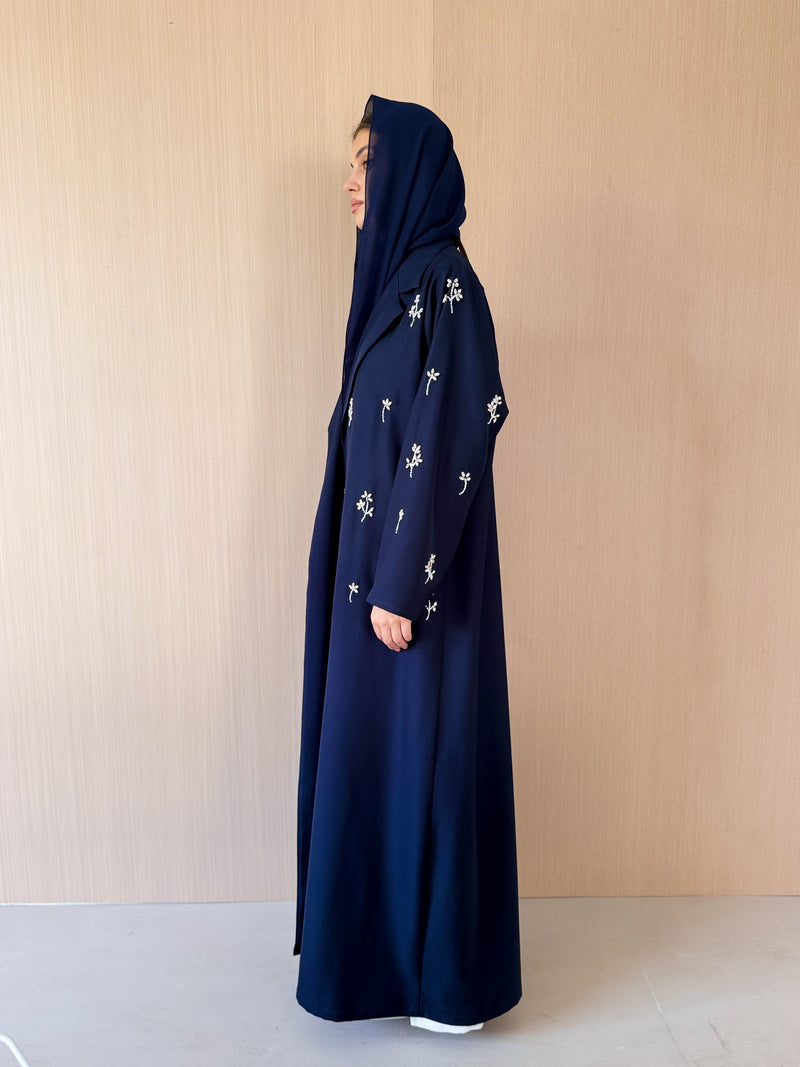 Notched collar Abaya With Emb. works on Half Front & Sleeves
