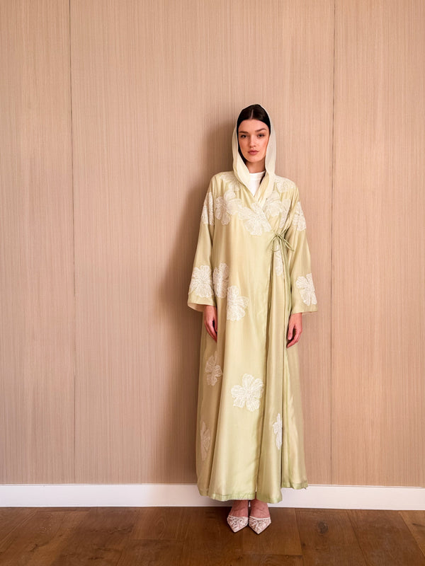 V Neck Over Wrapped Side Abaya - Crochet Patch Flower on Front and Sleeves