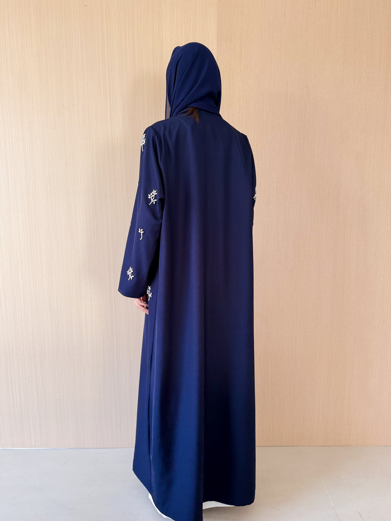 Notched collar Abaya With Emb. works on Half Front & Sleeves