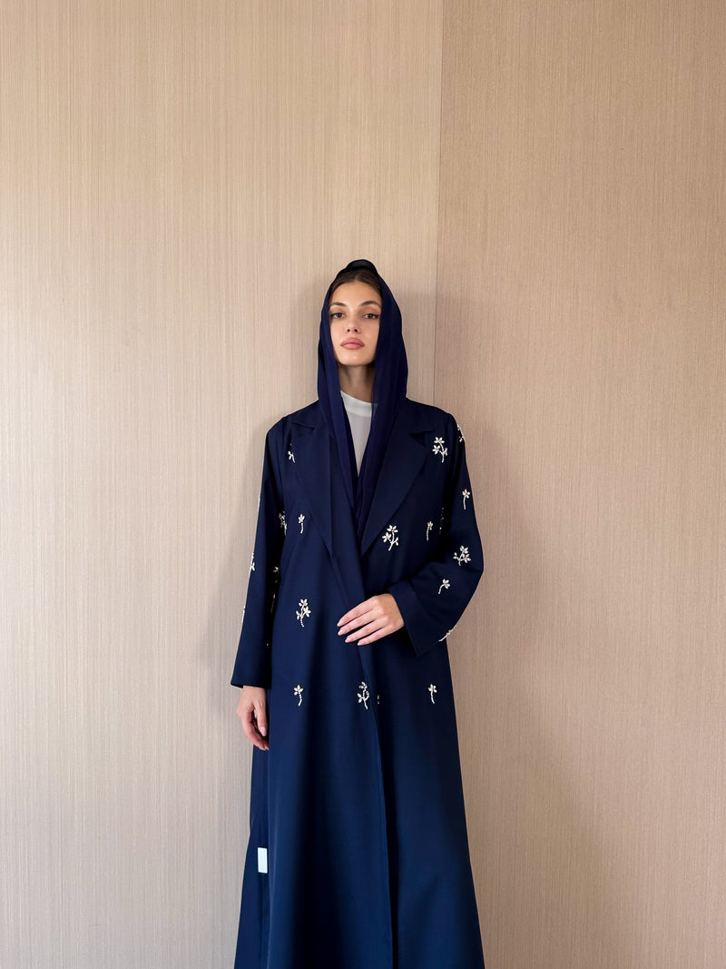 Notched collar Abaya With Emb. works on Half Front & Sleeves