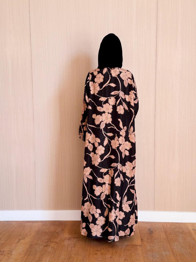 Round neck abaya - black bead work on front and sleeves