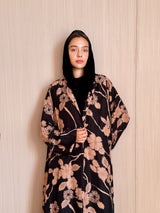 Round neck abaya - black bead work on front and sleeves