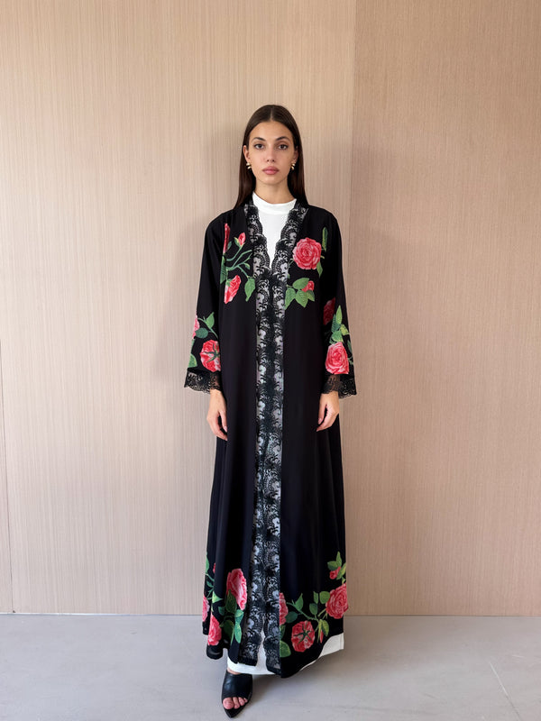 Abaya in Black With Printed Red Roses