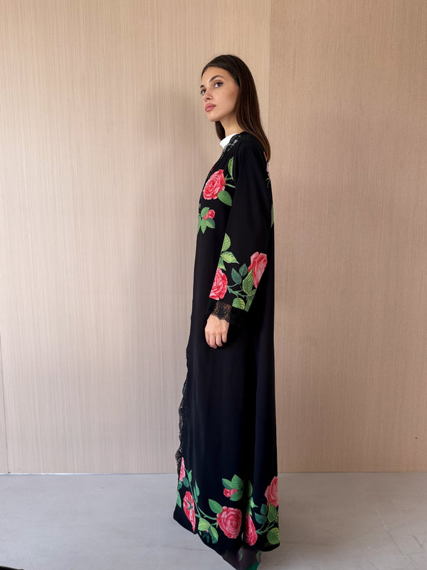 Abaya in Black With Printed Red Roses