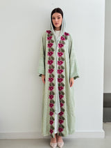 V Neck Bish Cut Abaya - Red Flower Lace With Front