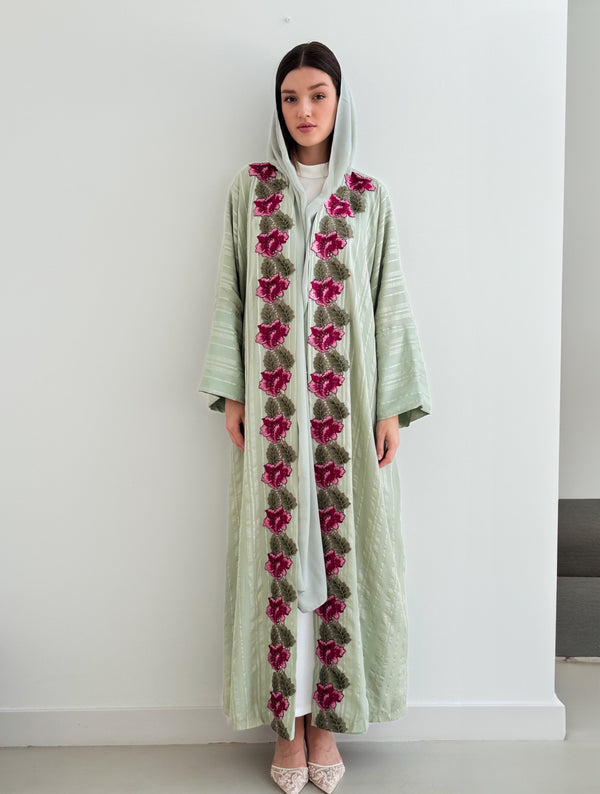 V Neck Bish Cut Abaya - Red Flower Lace With Front