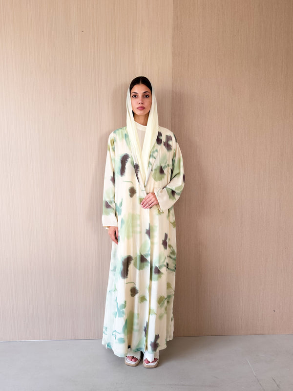 Zainah Cut Abaya - Off White With Green Printed - Chiffon