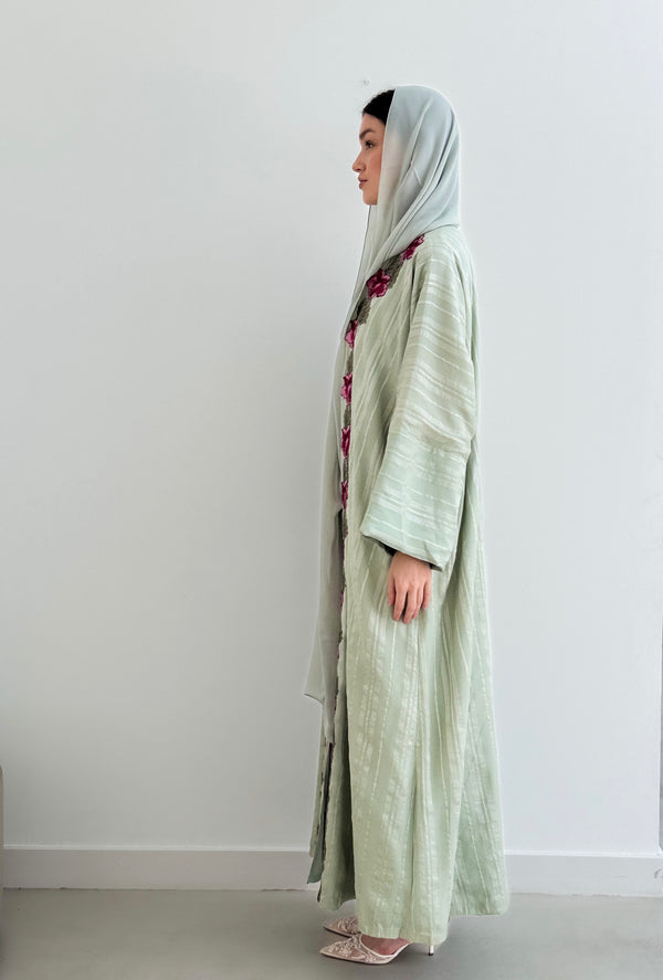 V Neck Bish Cut Abaya - Red Flower Lace With Front