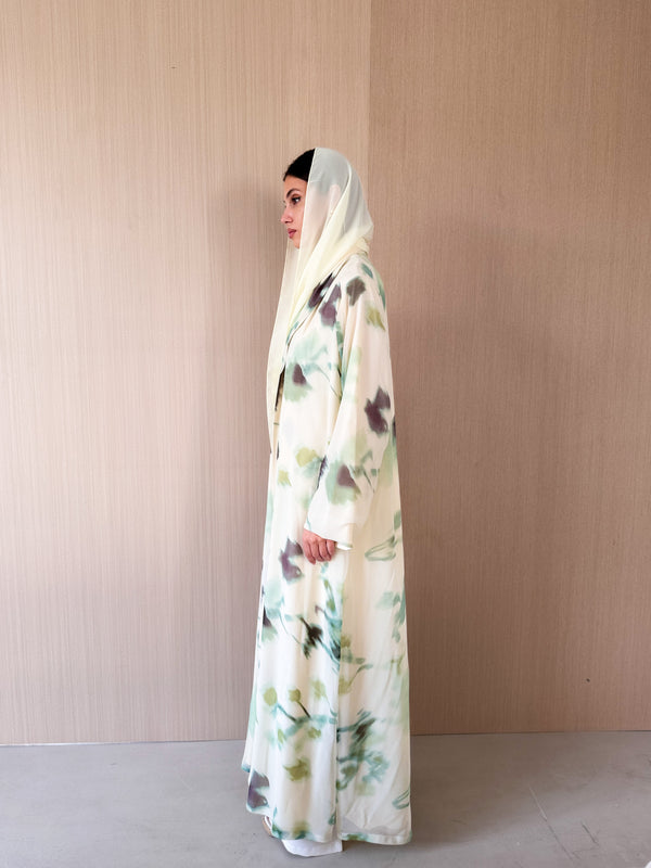 Zainah Cut Abaya - Off White With Green Printed - Chiffon