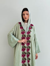 V Neck Bish Cut Abaya - Red Flower Lace With Front