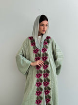 V Neck Bish Cut Abaya - Red Flower Lace With Front