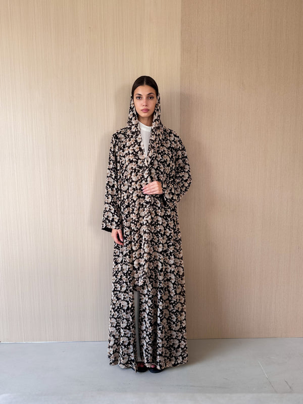 V Neck Abaya - Black With Brown Flower Print - Chiffon