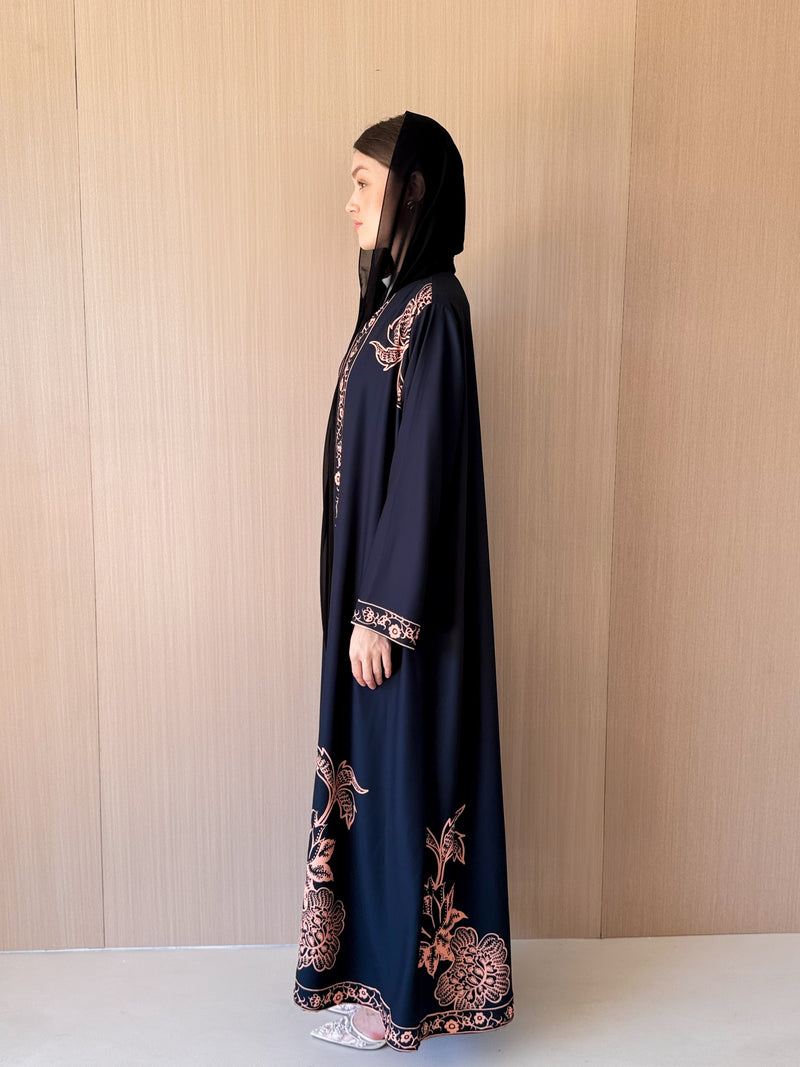 V NECK Abaya - Printed Border on Front and Sleeves