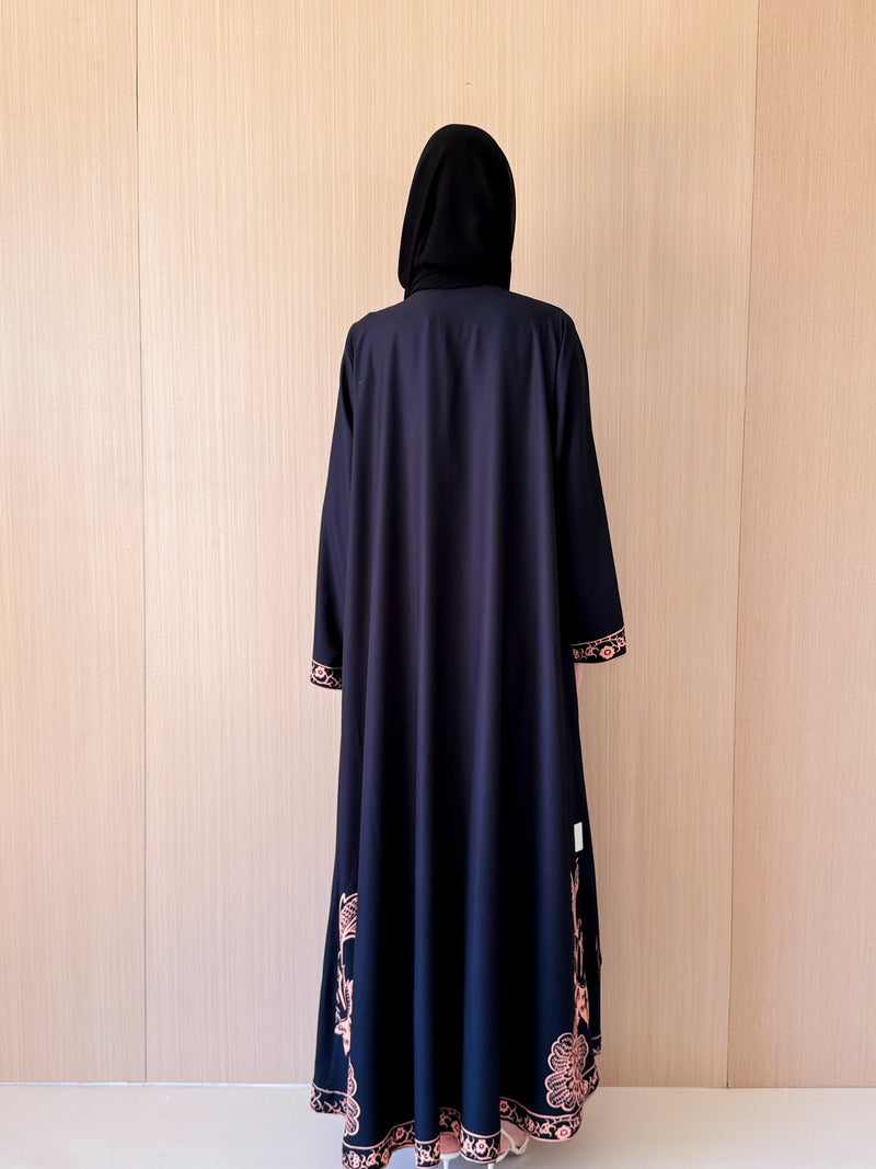 V NECK Abaya - Printed Border on Front and Sleeves