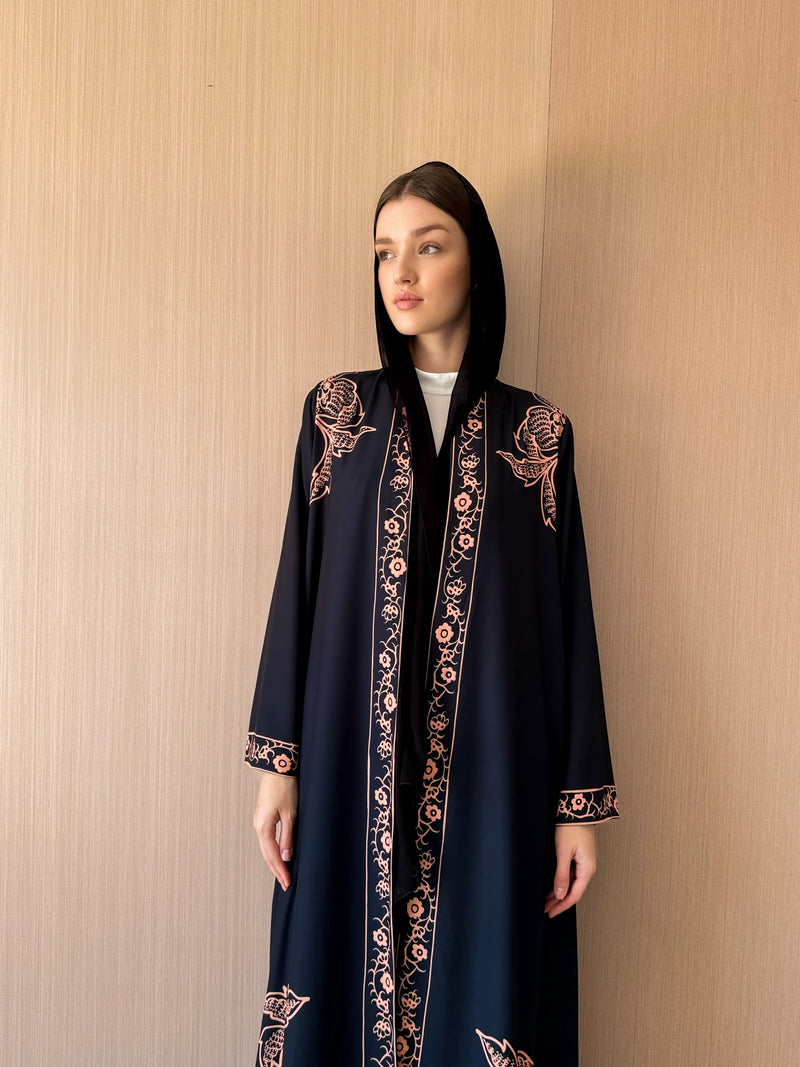 V NECK Abaya - Printed Border on Front and Sleeves