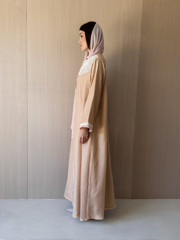 Round Neck Abaya - Crochet Lace on Front and Sleeves