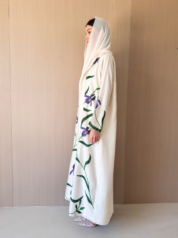 Round Neck Abaya - Purple Flower Hand Art Work