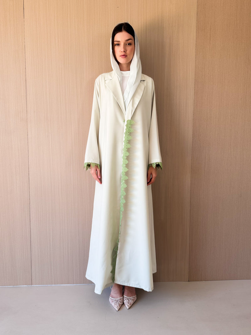 Notched Collar Abaya - Lace on Front and Sleeves