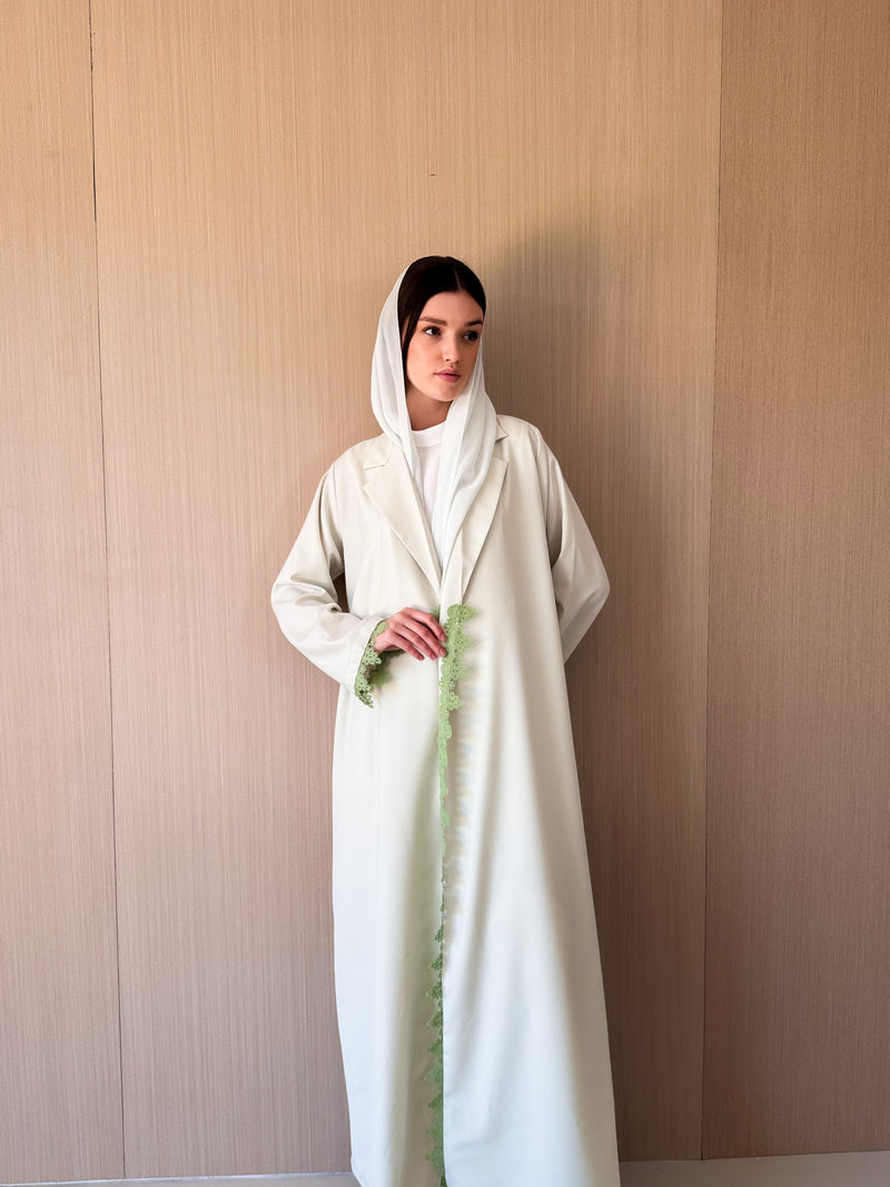 Notched Collar Abaya - Lace on Front and Sleeves