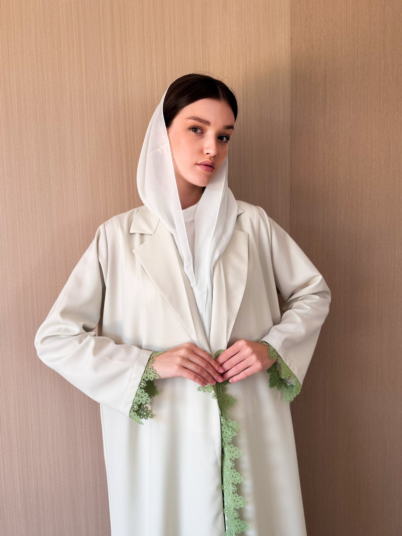Notched Collar Abaya - Lace on Front and Sleeves