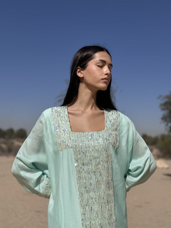 Box neck kaftan with Gold Bead lace