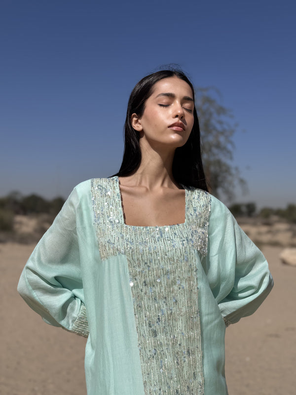 Box neck kaftan with Gold Bead lace
