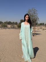 Box neck kaftan with Gold Bead lace