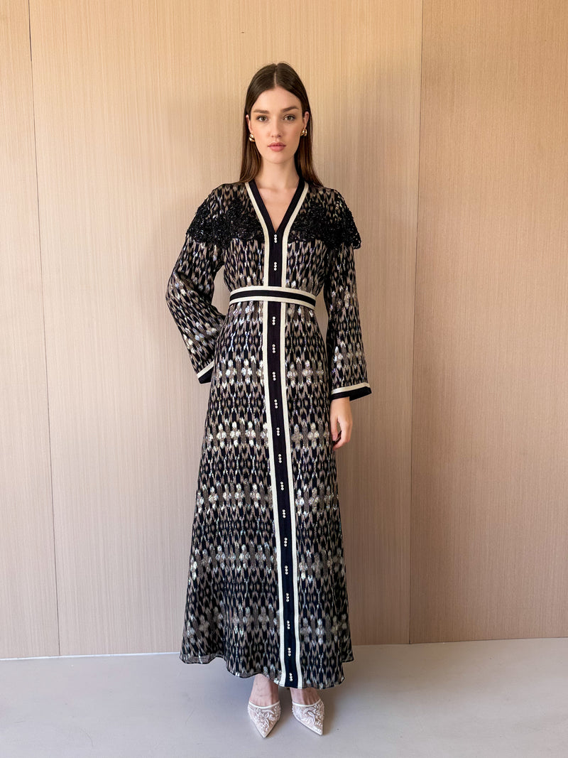 V neck kaftan with Marrakech lace