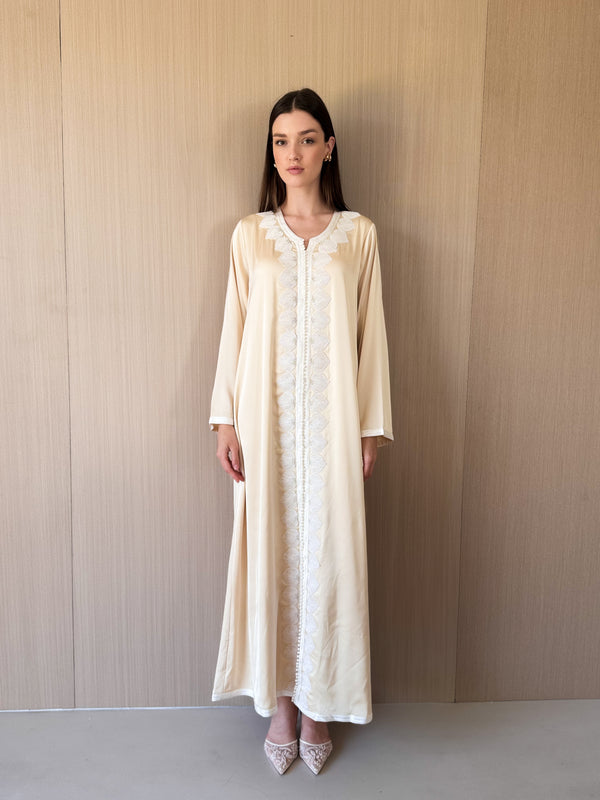 U neck abaya - Moroccan lace on front and sleeves