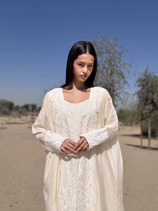 Box neck Kaftan with off white pearl lace