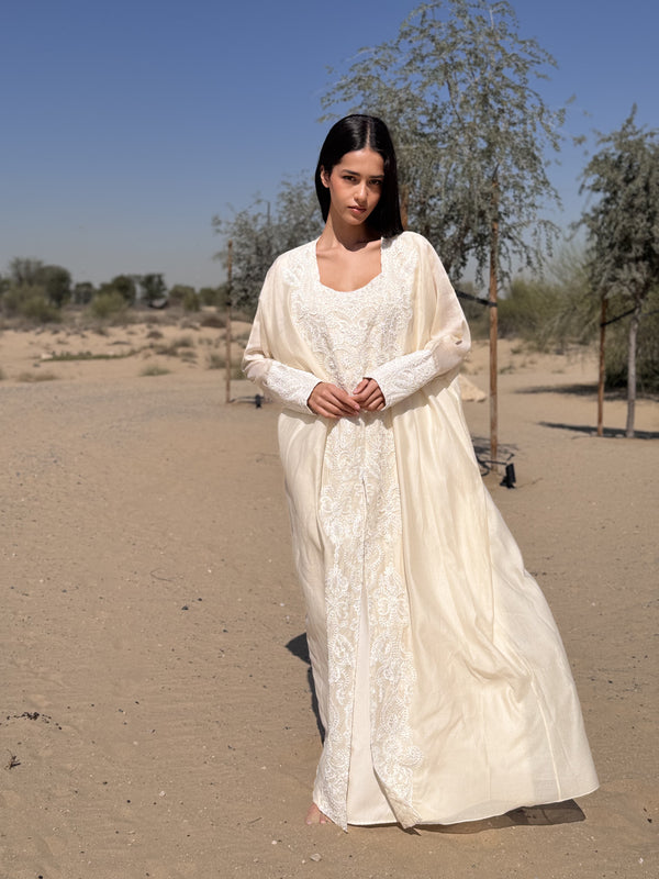Box neck Kaftan with off white pearl lace