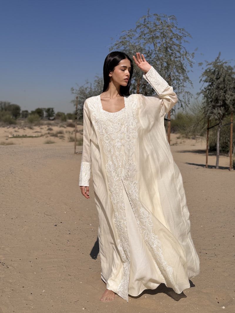Box neck Kaftan with off white pearl lace