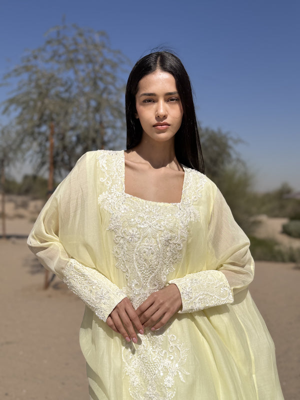 Box neck Kaftan with off-white bead lace